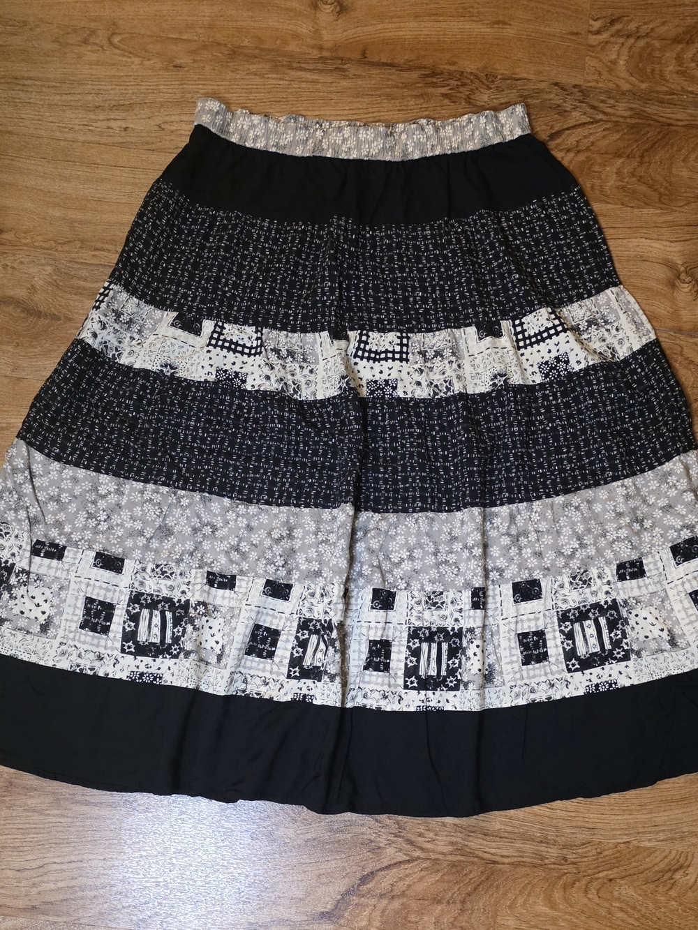 Chaus Black & White Striped Patchwork Geometric A Line Skirt